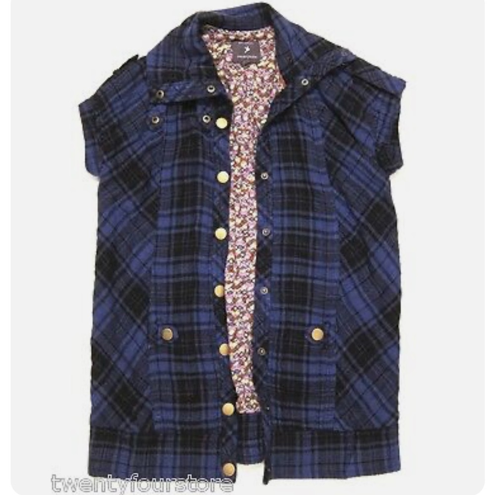 FOREVER 21 Short Sleeve Plaid Snap Button Jacket in Purple & Black sz S